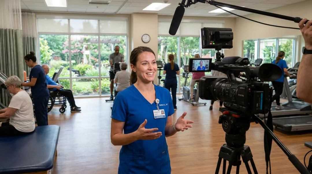 Healthcare staff member sharing authentic employee testimonial during recruitment video filming