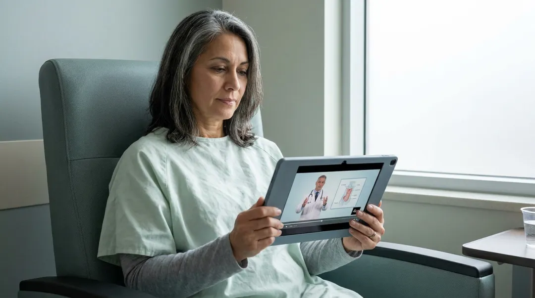 Patient watching preoperative procedure video on tablet in hospital waiting room