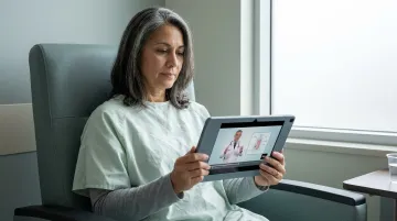 Patient watching preoperative procedure video on tablet in hospital waiting room