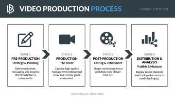Four-stage commercial video production process flow from pre-production to distribution