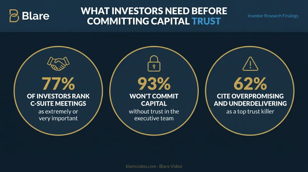 Three key investor trust statistics highlighting C-suite credibility and capital commitment