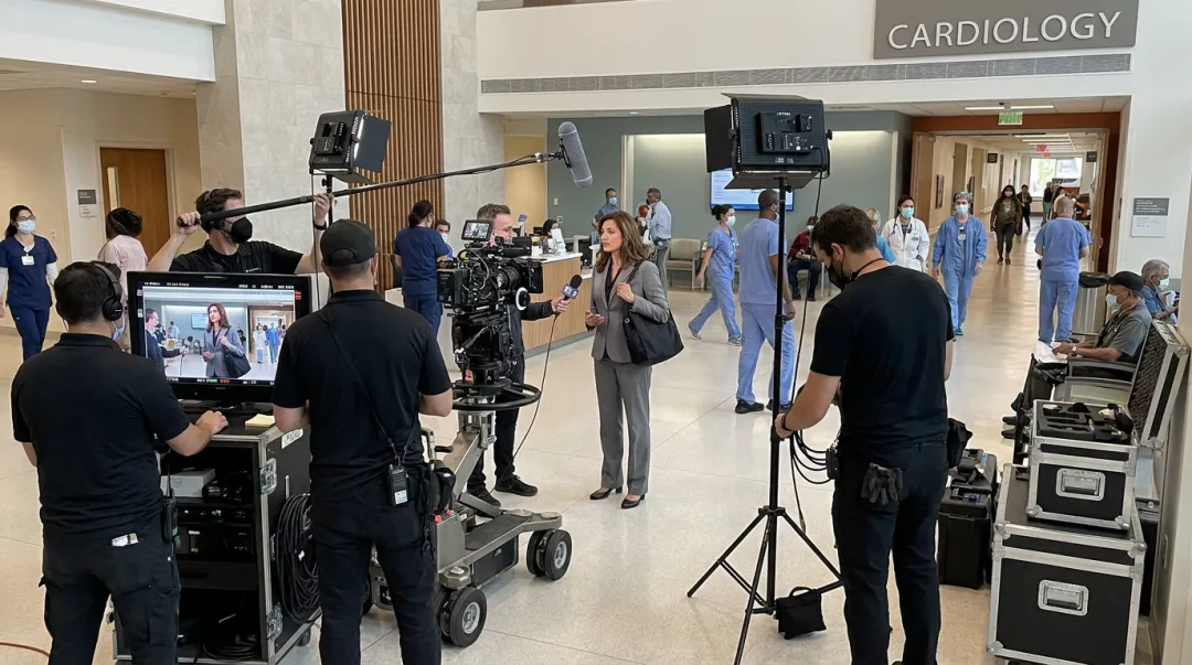 Healthcare video production crew filming on location inside medical facility