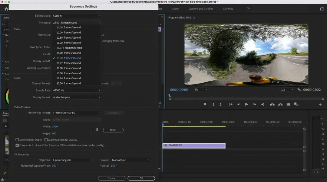 Adobe Premiere Pro timeline showing equirectangular 360 VR video sequence editing