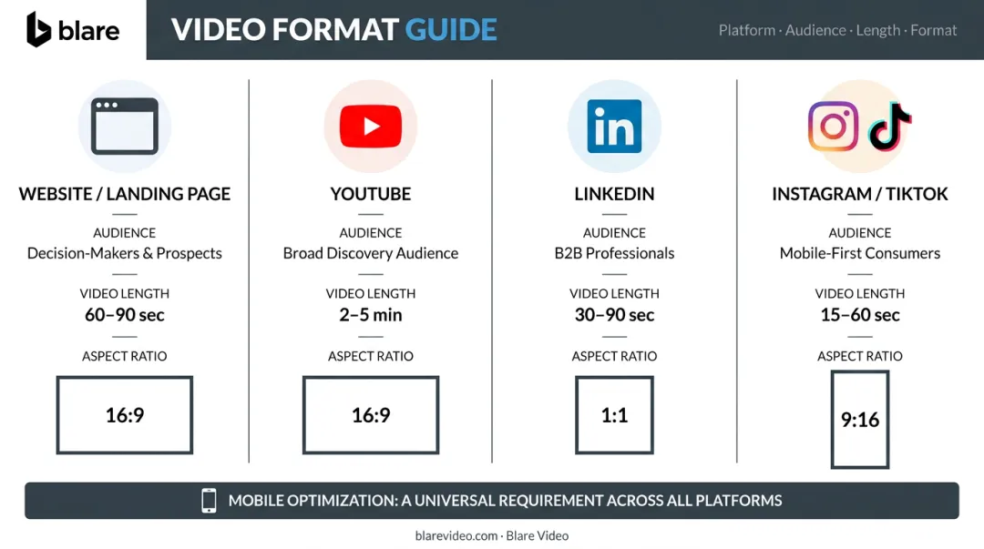 Video platform distribution guide showing format aspect ratio and audience type per channel