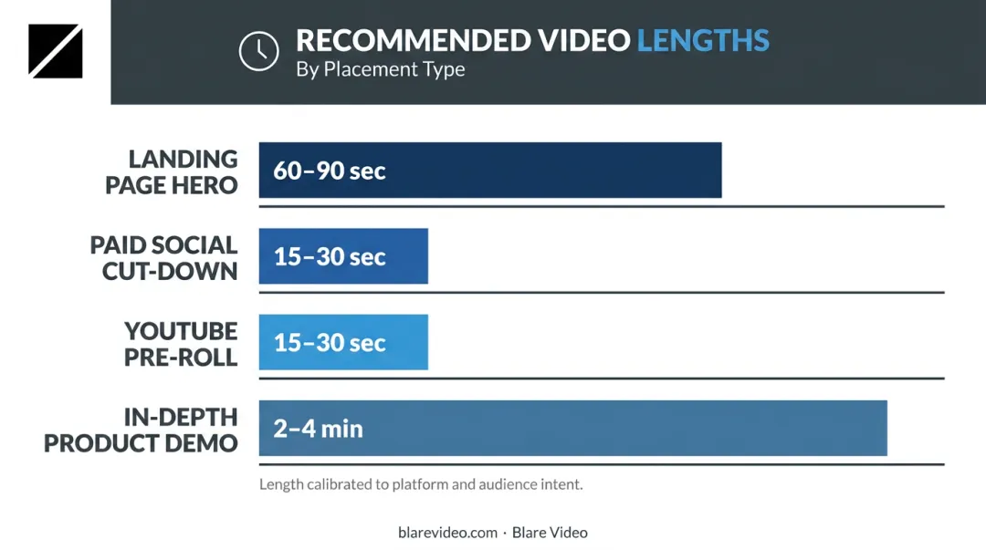 Optimal video length by placement type from social ads to product demos