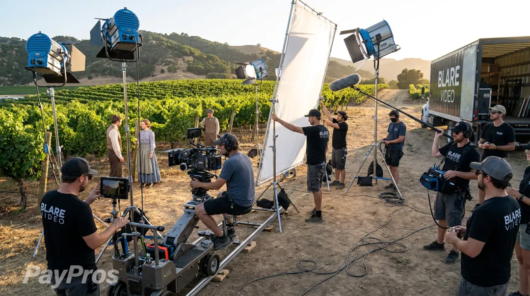Blare Video production team filming brand video on professional set with lighting equipment