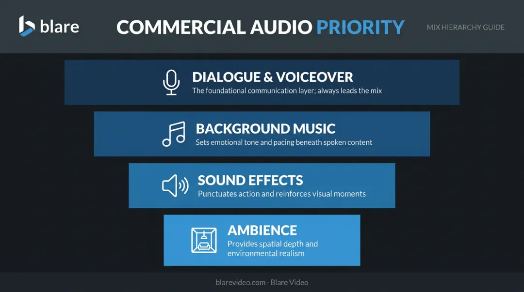 Four-tier commercial audio sound hierarchy pyramid from dialogue to ambience