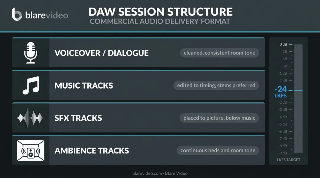 Four-track commercial mix session workflow from voiceover to ambience organization