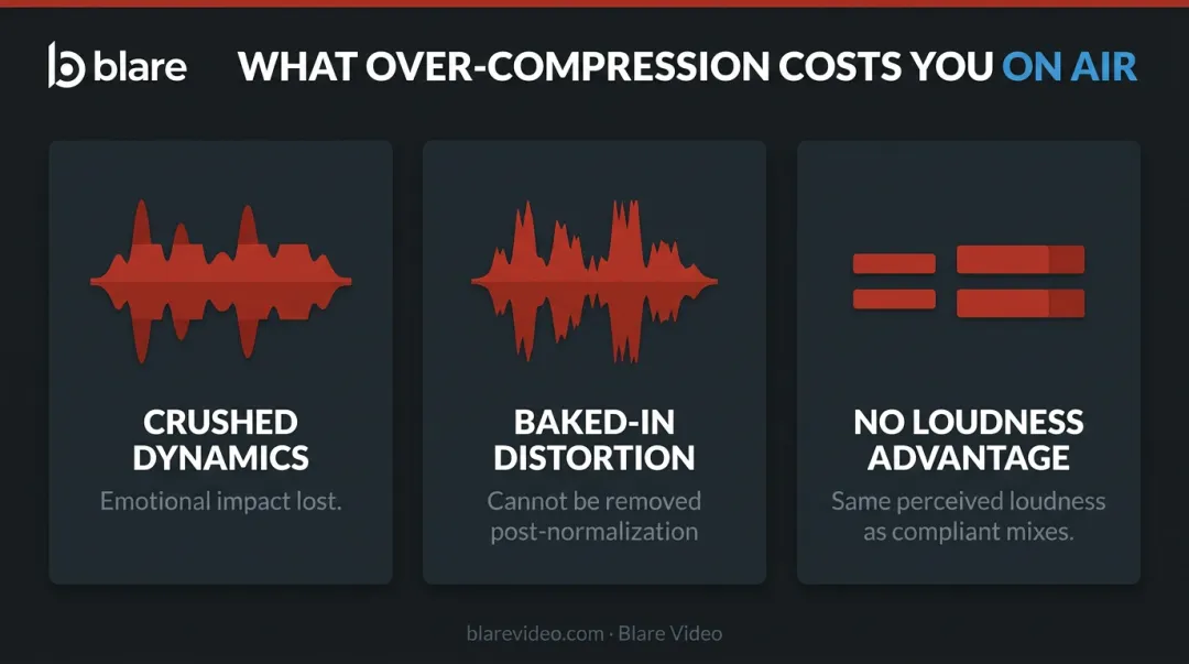 Over-compression broadcast normalization backfire showing three negative audio consequences