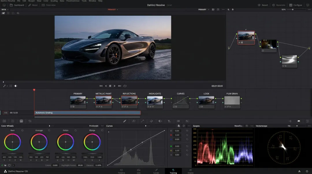 DaVinci Resolve color grading timeline displaying automotive metallic paint finish node workflow