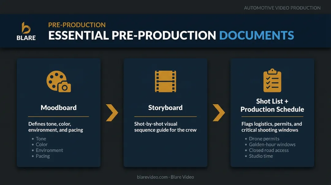 Three-part car reveal video pre-production plan moodboard storyboard shot list