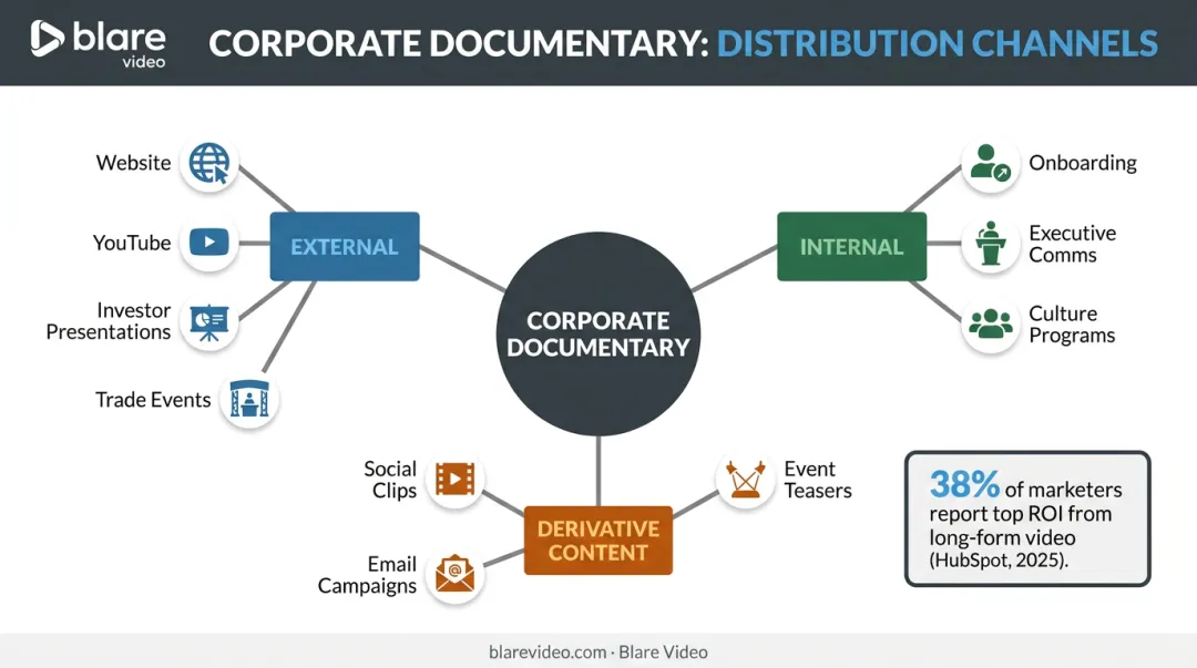 Corporate documentary distribution channels spanning external internal and derivative content uses