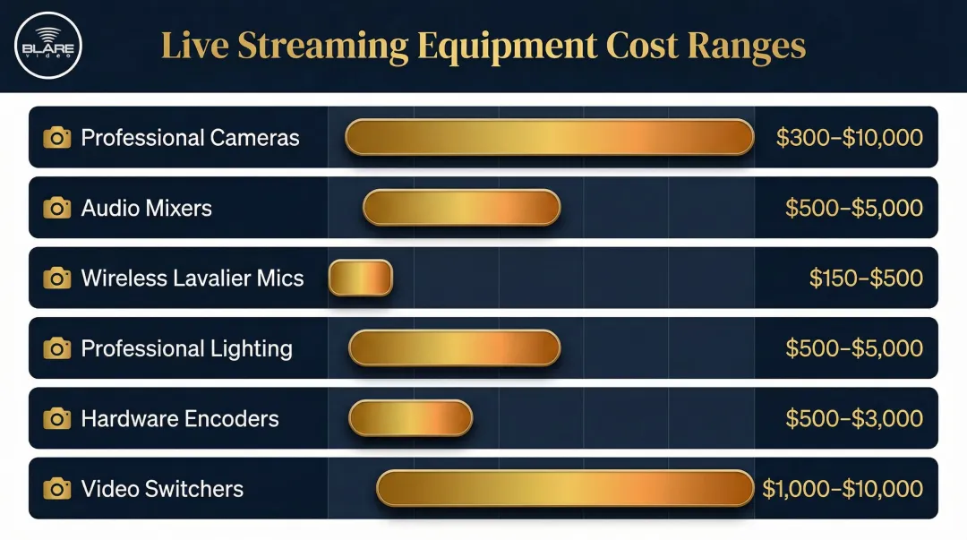 Professional live streaming equipment costs breakdown from cameras to video switchers