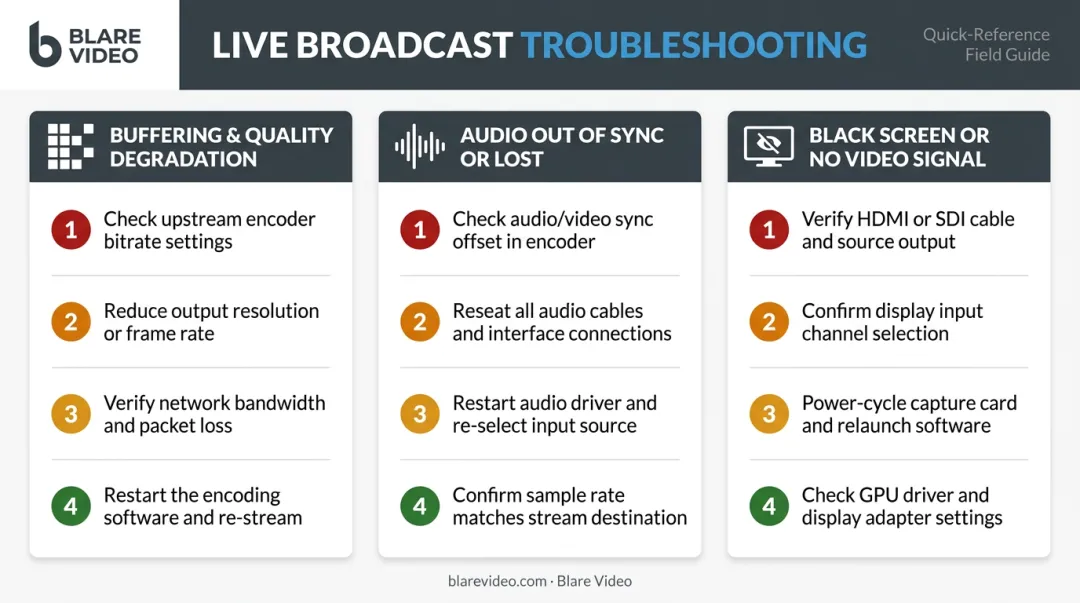 Live stream troubleshooting guide covering buffering audio sync and video signal failures