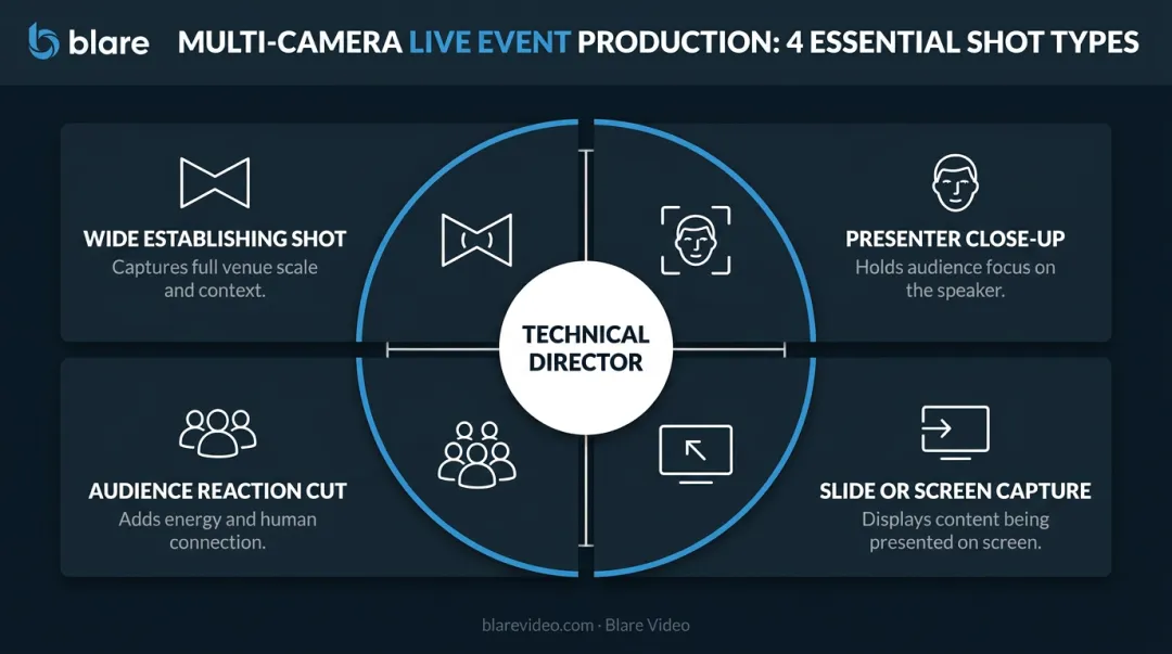 Multi-camera live event production shot types and coverage breakdown infographic