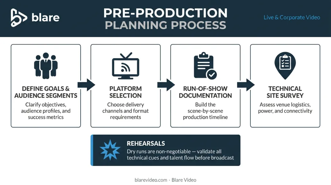 4-step live event pre-production planning process flow infographic