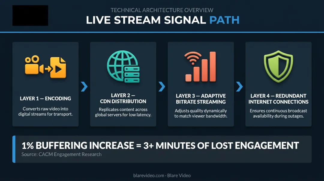 Live stream signal path four-layer technical delivery process from camera to viewer
