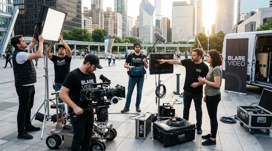 Blare Video production crew filming branded content on location with professional cinema cameras