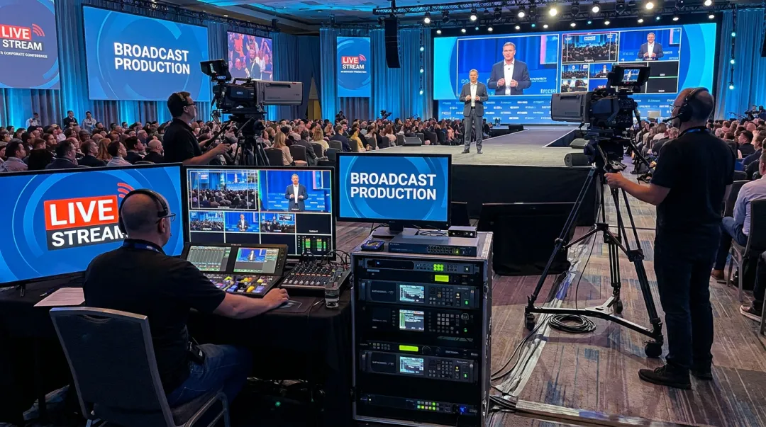 Professional multi-camera conference live streaming production crew on-site setup