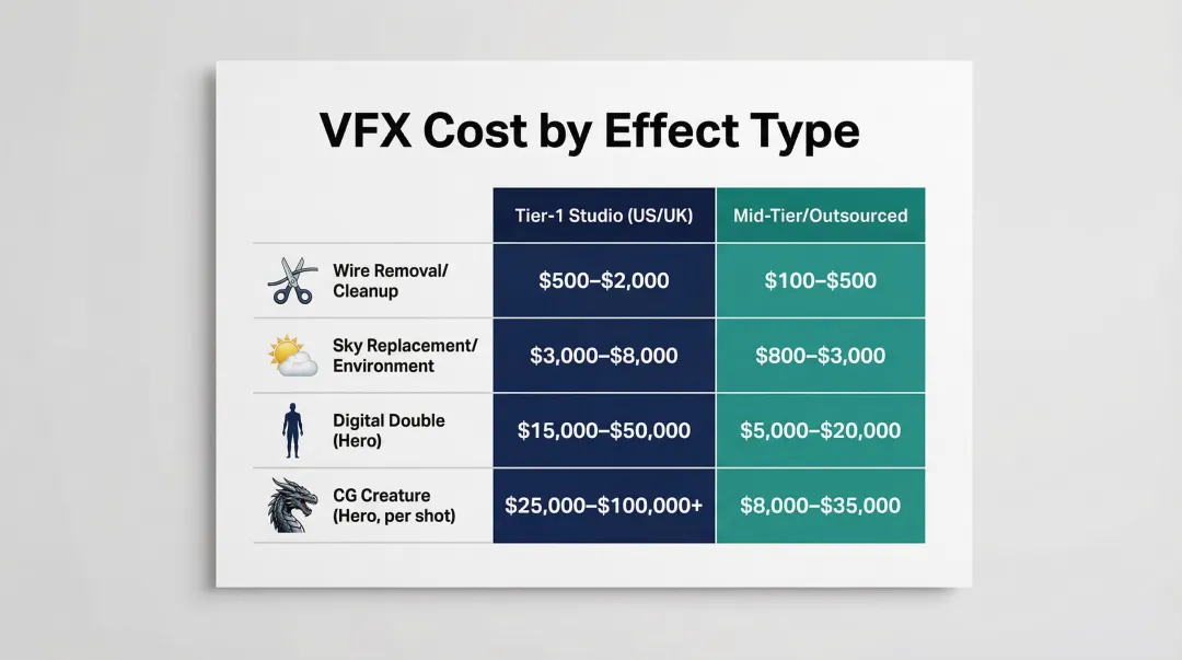 VFX cost comparison by effect type tier-one studio versus mid-tier outsourced