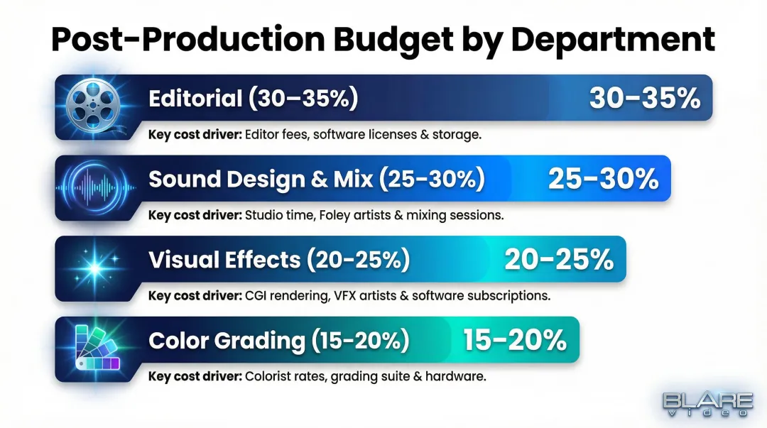 Post-production budget allocation by department percentage breakdown infographic