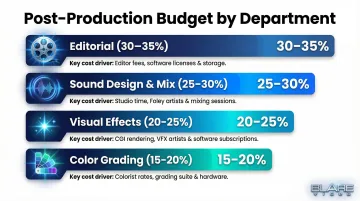 Post-production budget allocation by department percentage breakdown infographic