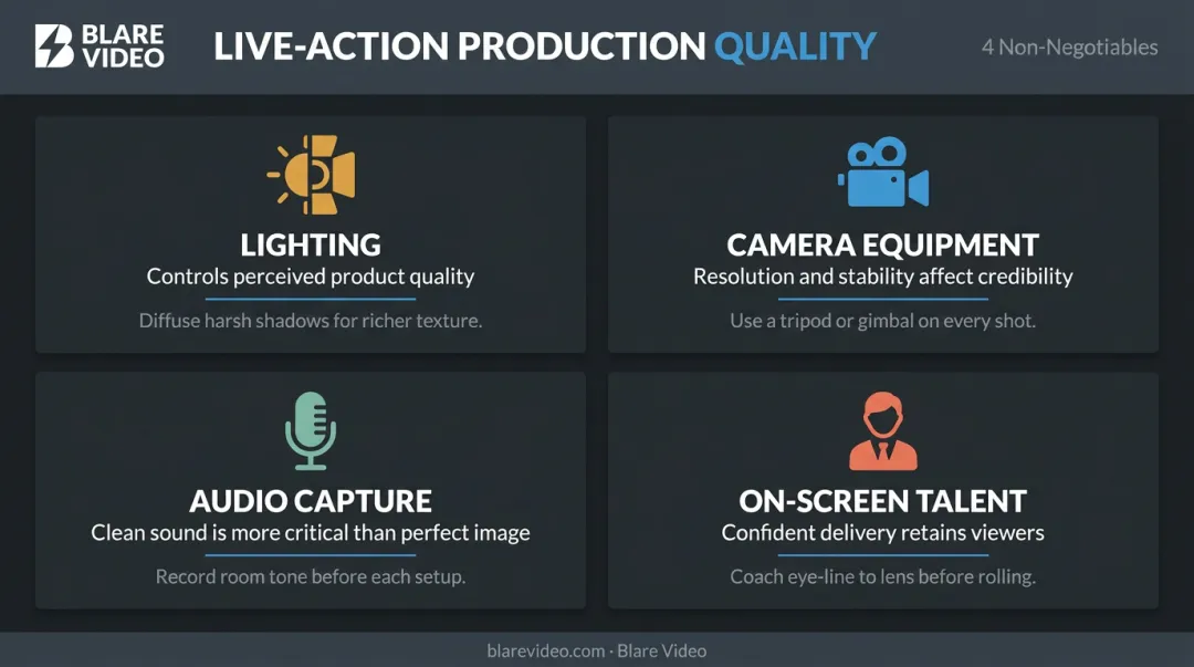 Four critical live-action video production quality elements lighting audio camera talent