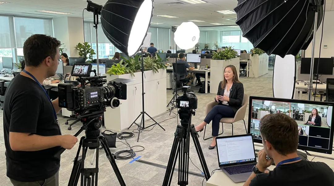 Professional video production crew filming customer testimonial interview on location