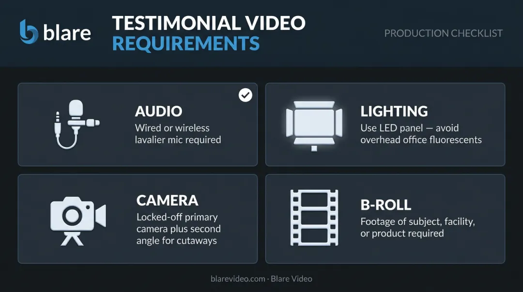 Four-part testimonial video production technical requirements checklist infographic