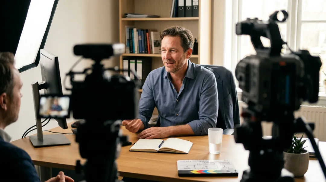 Interview subject speaking confidently on camera in professional office environment