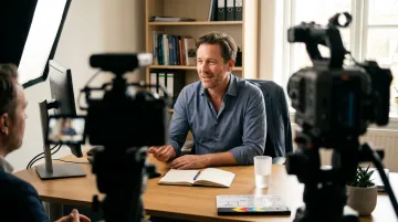 Interview subject speaking confidently on camera in professional office environment