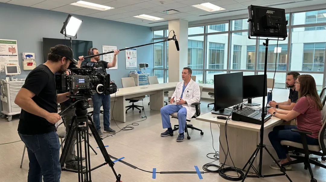 Video production crew filming clinical testimonial inside hospital healthcare facility
