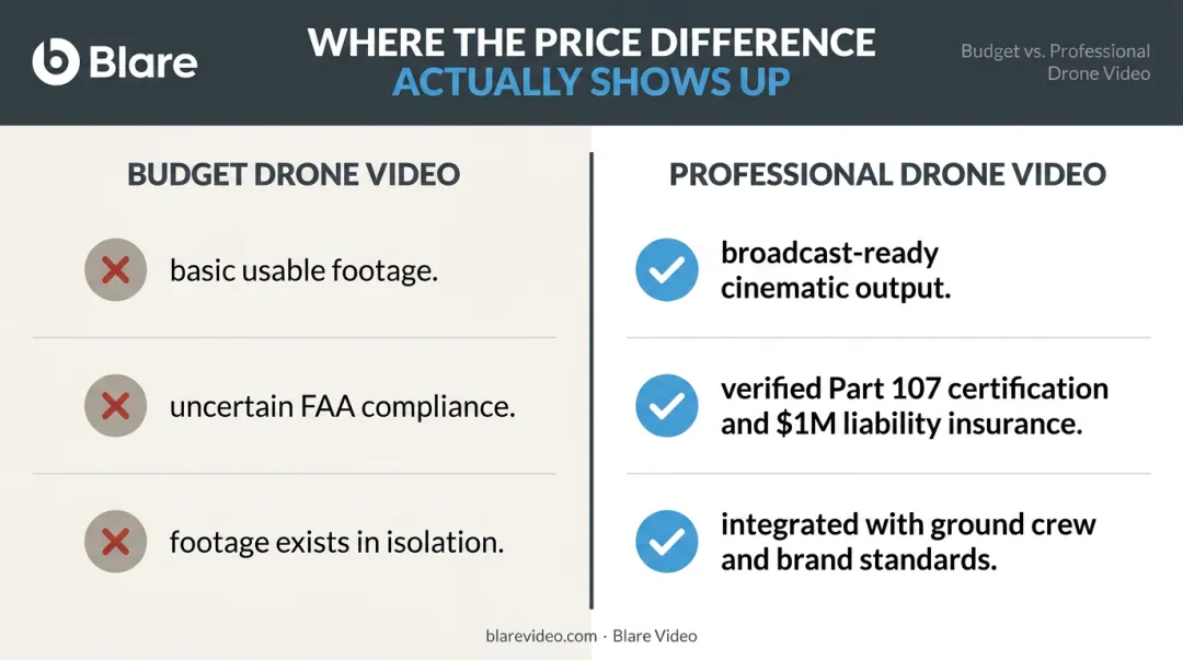 Budget versus professional drone video services side-by-side comparison of key differences