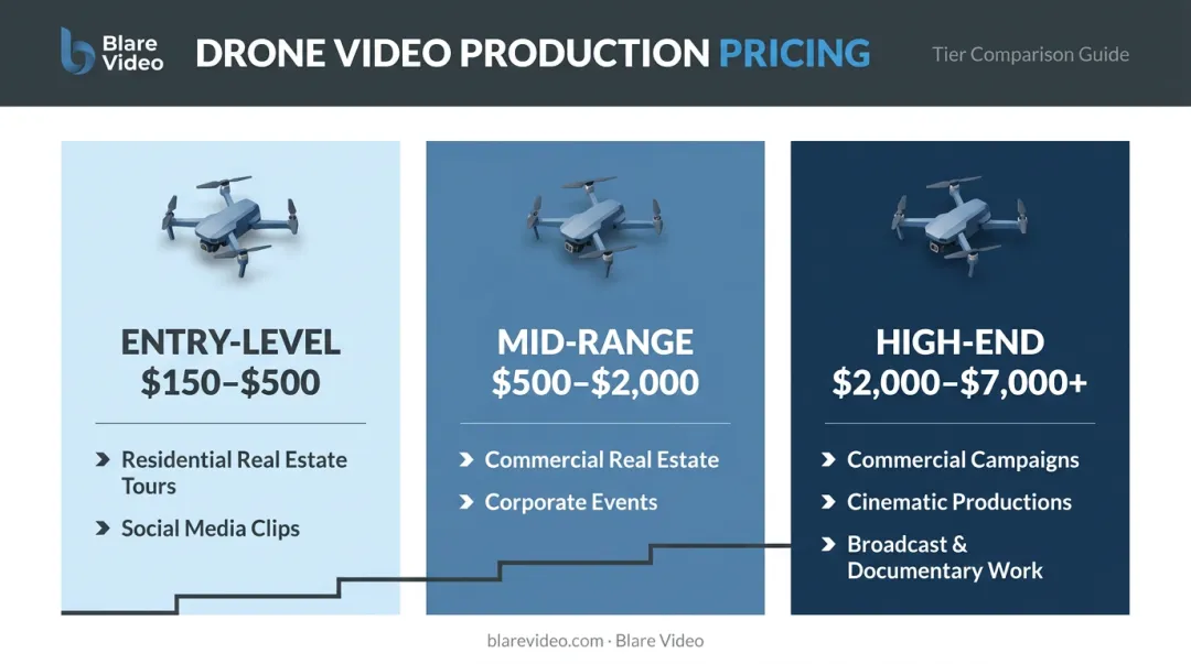 Three-tier drone video pricing comparison from entry-level to high-end production