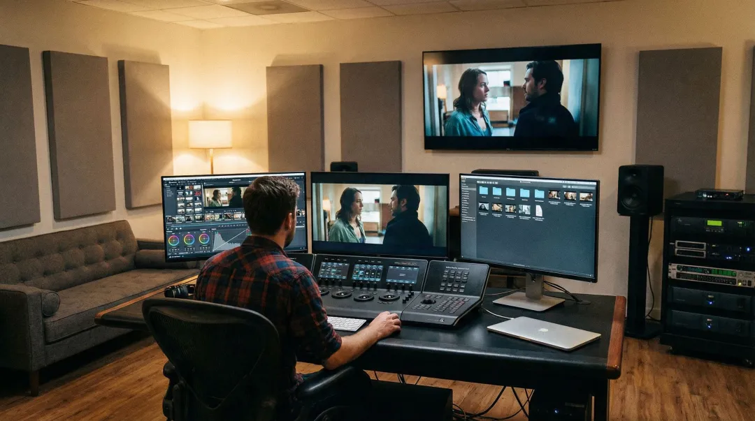 Blare Video post-production editing suite showing color grading and video delivery workflow