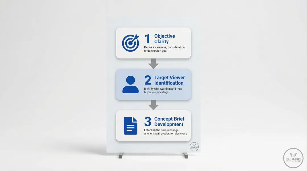 Three-step brand video pre-production planning process from objective to brief