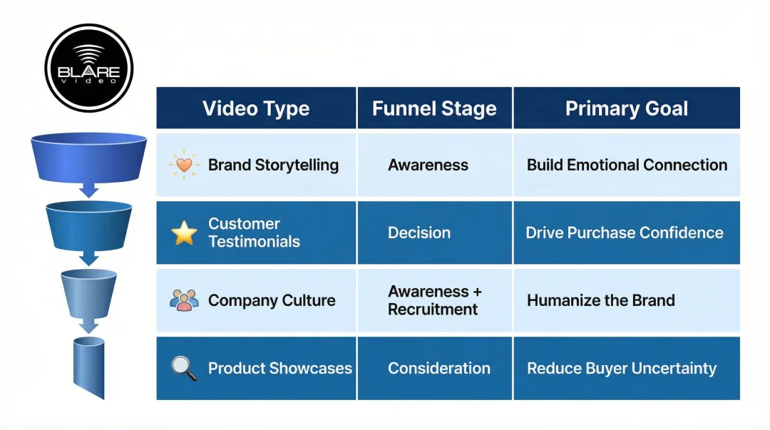 Four brand video types mapped to marketing funnel stages and primary goals