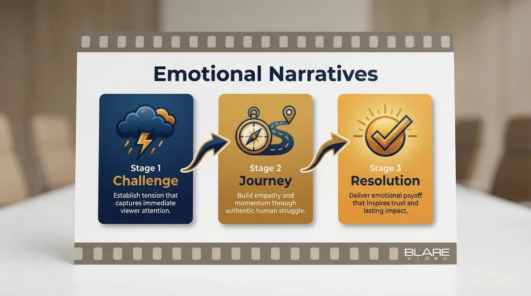 Three-part corporate documentary narrative arc from challenge to resolution infographic