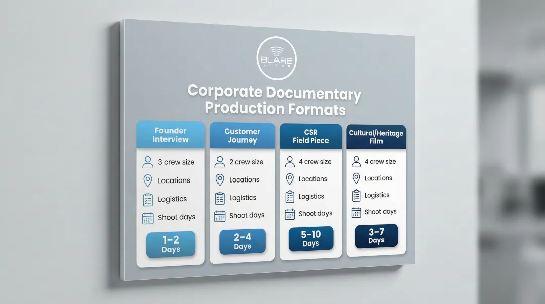 Four corporate documentary format types comparison chart with crew and shoot day requirements