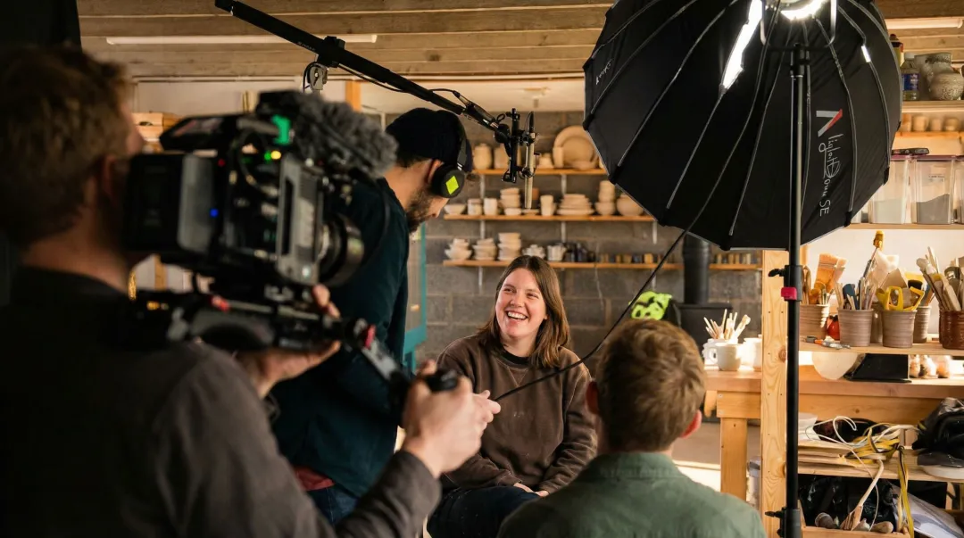 Documentary film crew interviewing women entrepreneur on location in developing country