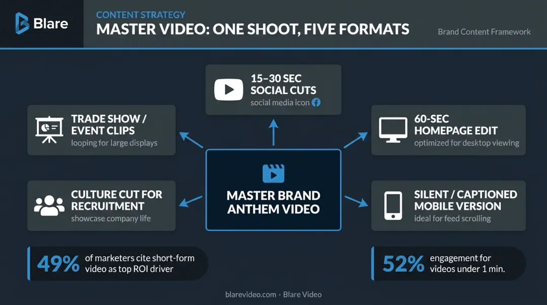 Brand anthem video content repurposing workflow across multiple marketing channels