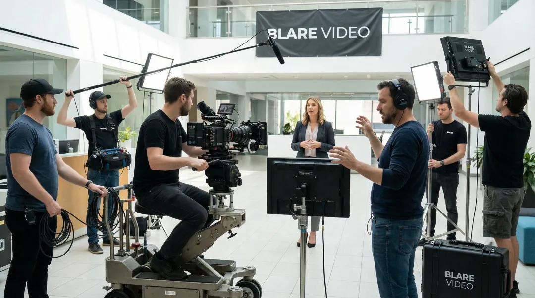 Blare Video production crew filming corporate explainer video on professional set with camera equipment