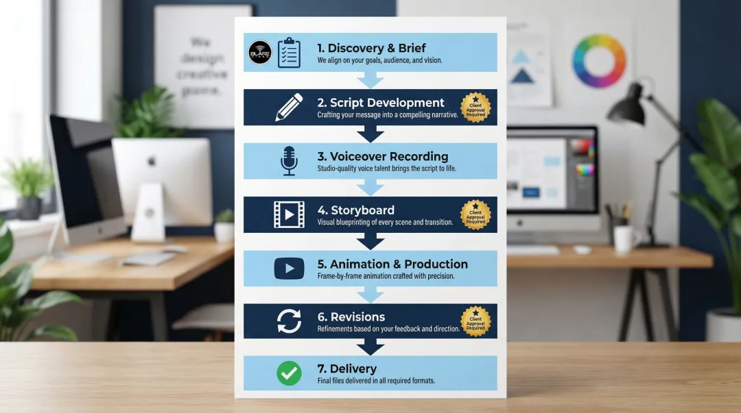 Seven-stage explainer video production workflow from discovery brief to final delivery