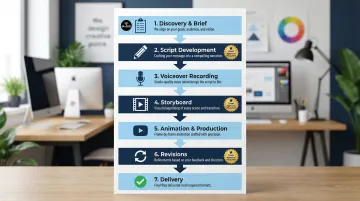 Seven-stage explainer video production workflow from discovery brief to final delivery