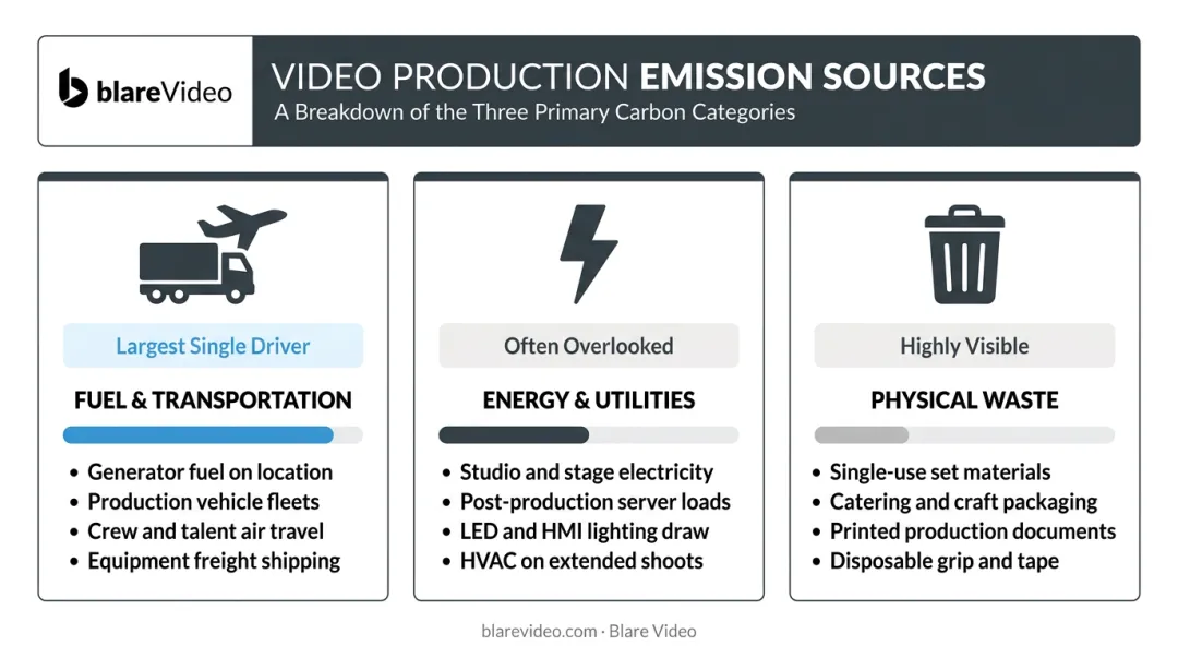 Three main carbon emission sources in video production breakdown infographic
