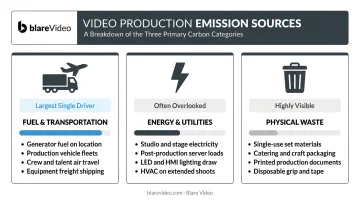 Three main carbon emission sources in video production breakdown infographic