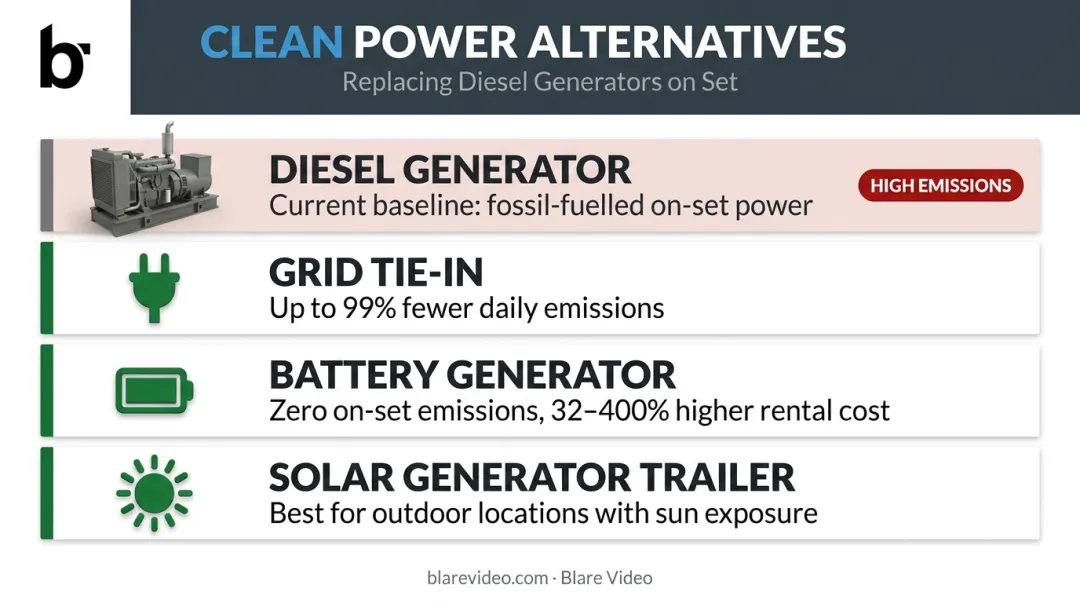 On-set power alternatives comparison diesel generator versus grid battery solar options