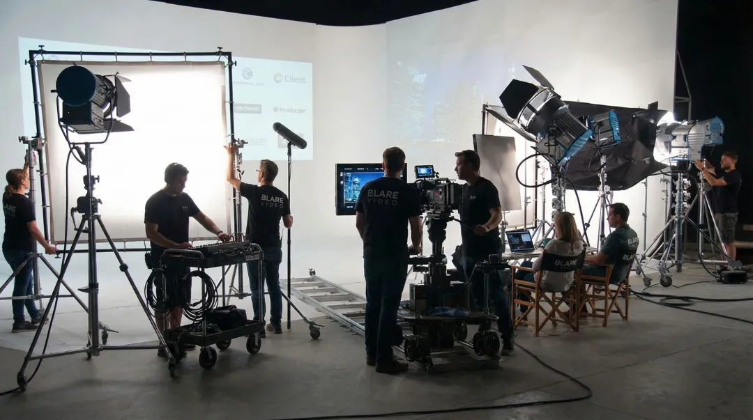 Professional video production crew filming corporate B2B ad on location