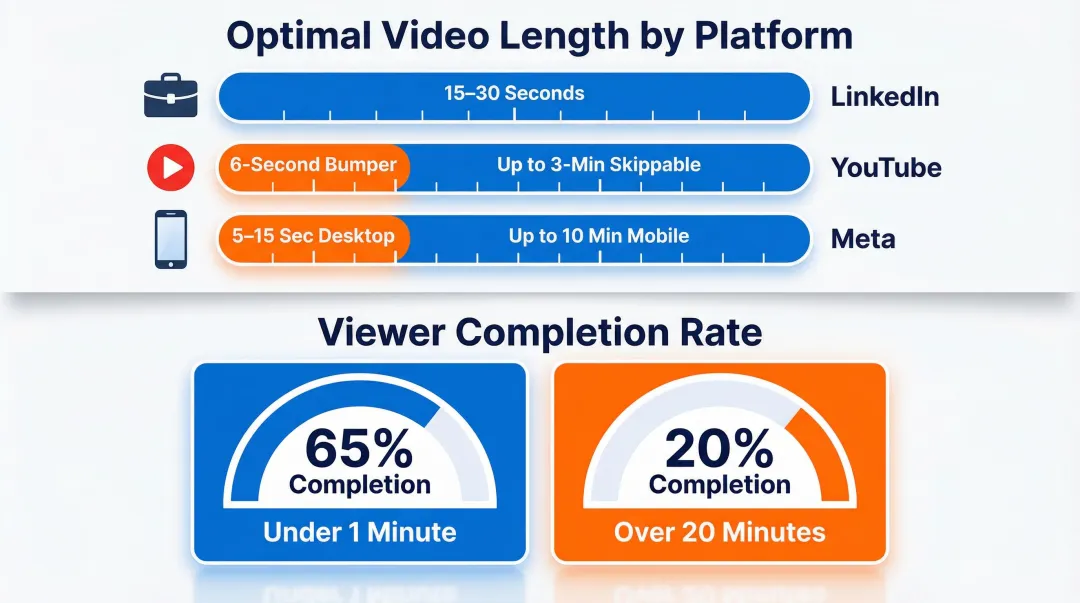 B2B video ad length benchmarks by platform and viewer completion rates