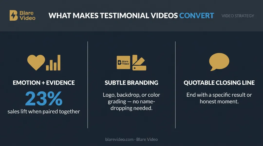 Three recurring patterns found across high-performing testimonial videos infographic